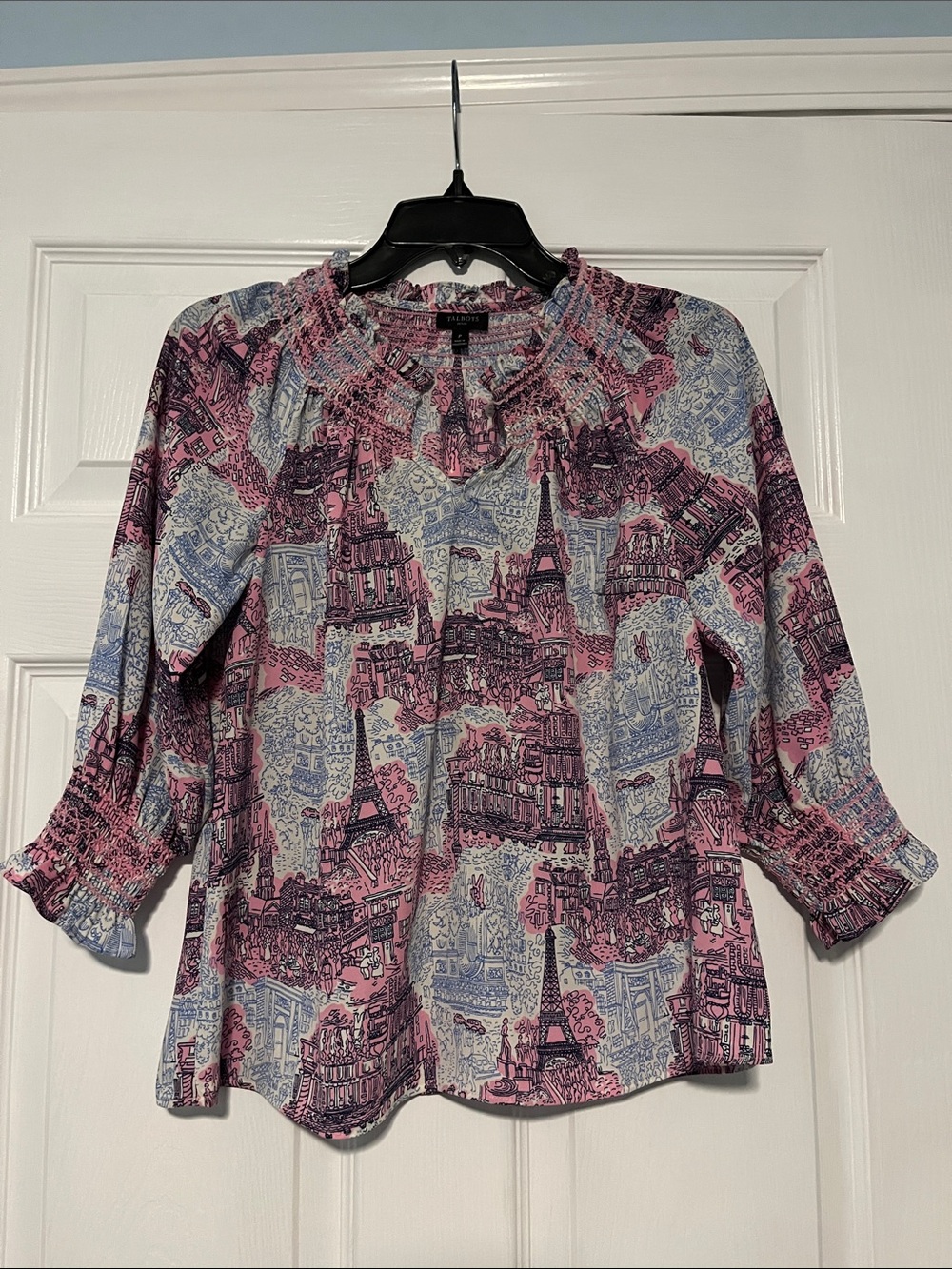 Talbots Pink and Light Blue Printed Smocked-Neck Blouse